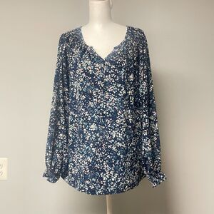 Jessica Simpson XL Blue Flower Cottage Core Long Sleeve Blouse V-Neck